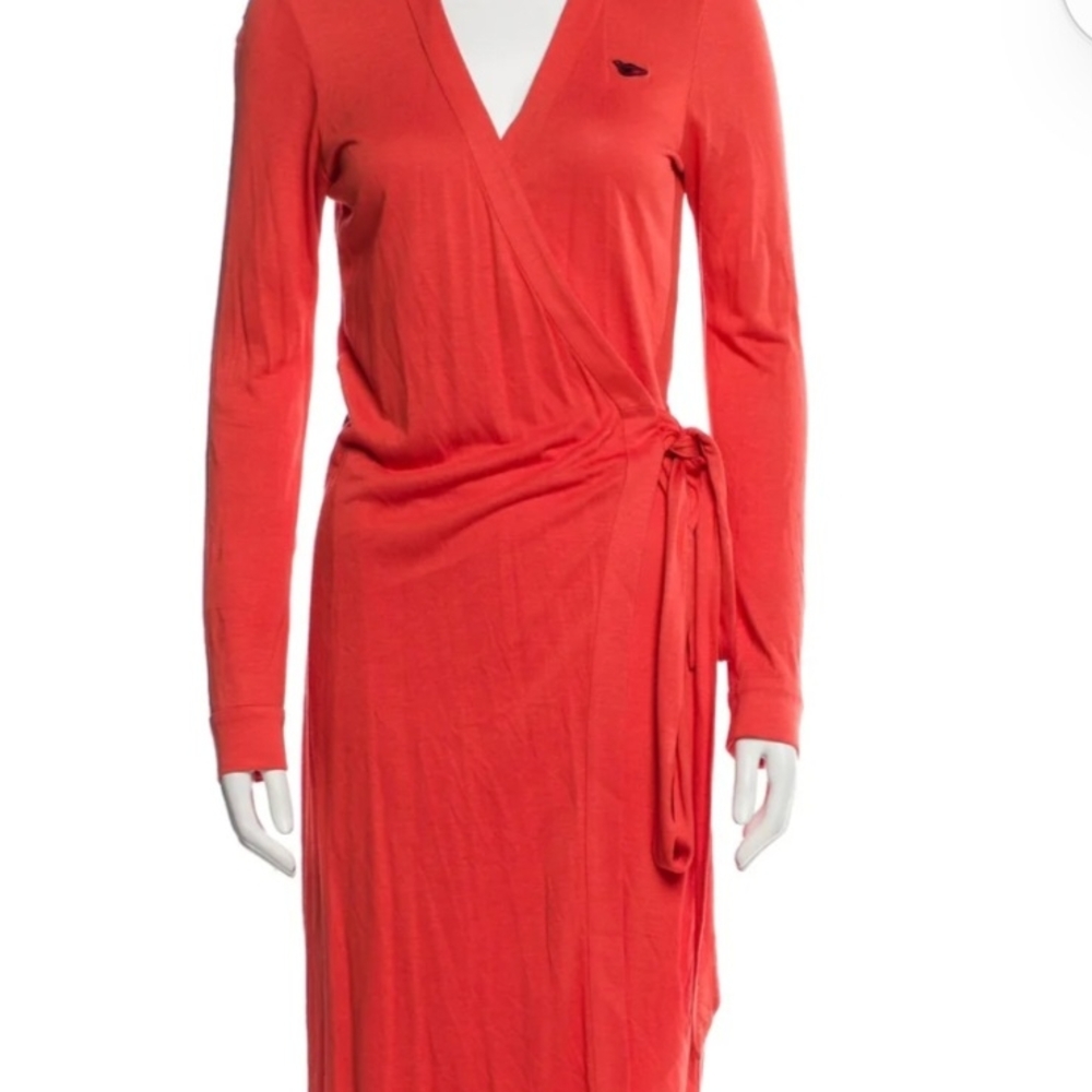Diane Von Furstenberg Orange Long Sleeve Wrap Midi Dress
